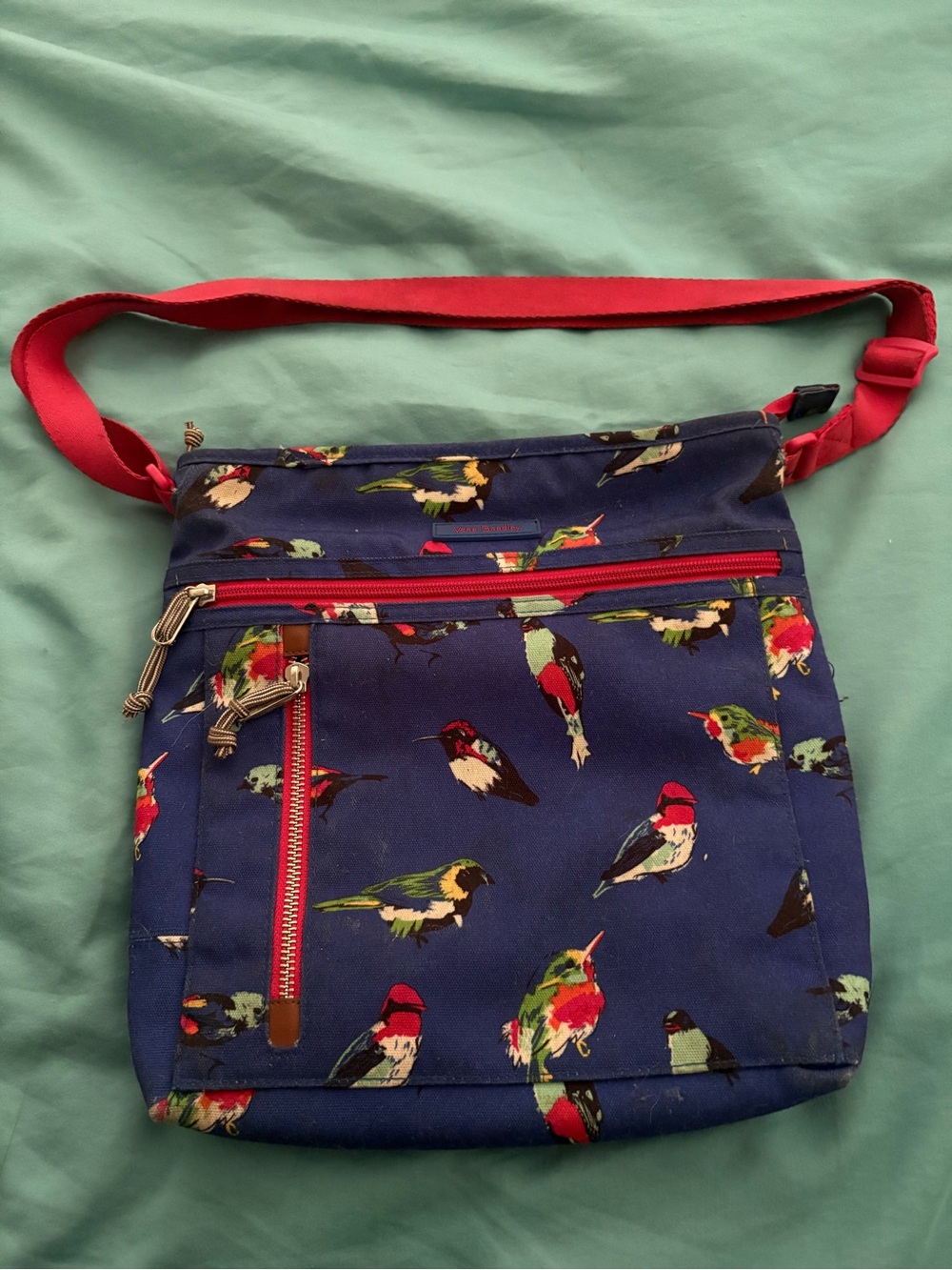 Vintage Vera Bradley Navy Bird-Print Crossbody with Red Strap